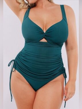 Sleek Teal Ruched One-Piece Swimsuit with Side Ties - Women's